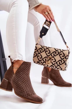 Zamszowe Ażurowe Botki Lewski Shoes 3165 Brązowe