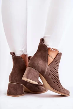 Zamszowe Ażurowe Botki Lewski Shoes 3165 Brązowe