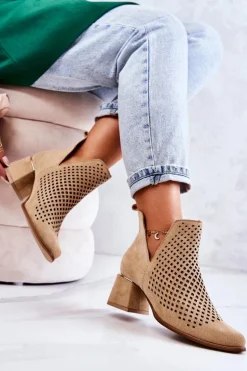 Zamszowe Ażurowe Botki Lewski Shoes 3165 Beżowe