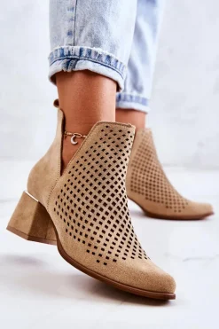 Zamszowe Ażurowe Botki Lewski Shoes 3165 Beżowe