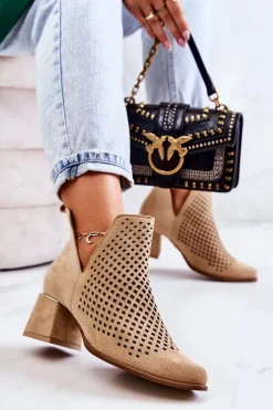 Zamszowe Ażurowe Botki Lewski Shoes 3165 Beżowe