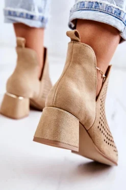Zamszowe Ażurowe Botki Lewski Shoes 3165 Beżowe