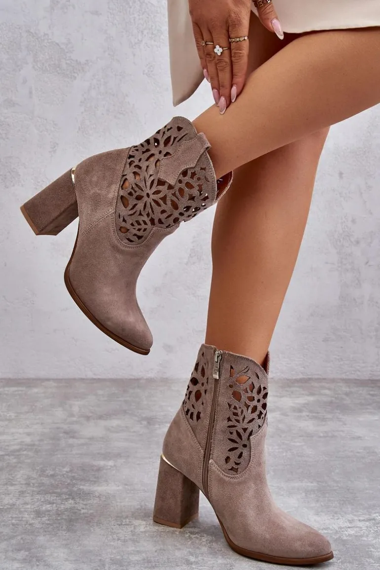 Zamszowe Ażurowe Botki Lewski Shoes 3264 Jasnobrązowe