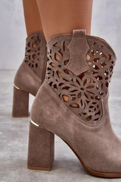 Zamszowe Ażurowe Botki Lewski Shoes 3264 Jasnobrązowe