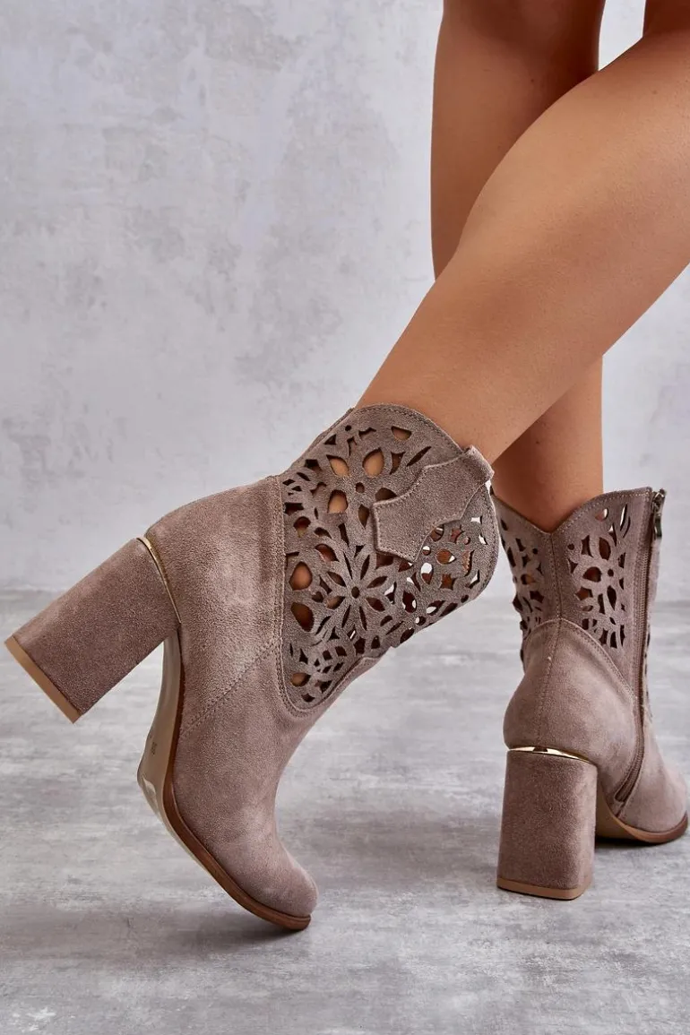 Zamszowe Ażurowe Botki Lewski Shoes 3264 Jasnobrązowe