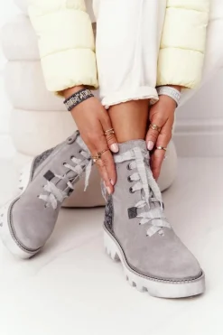 Zamszowe Ażurowe Botki Maciejka Popielate 05033-03