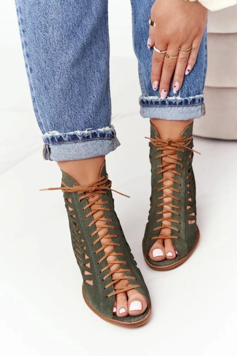 Zamszowe Ażurowe Botki Maciejka Zielone 04040-09