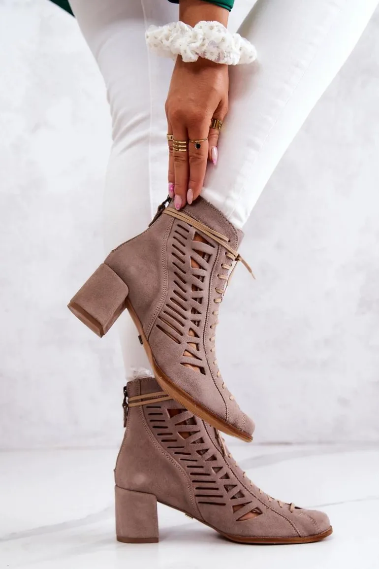 Zamszowe Ażurowe Botki Maciejka 05508-04 Beżowe