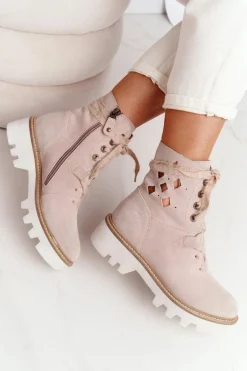 Zamszowe Ażurowe Botki Maciejka Beżowe 05033-04