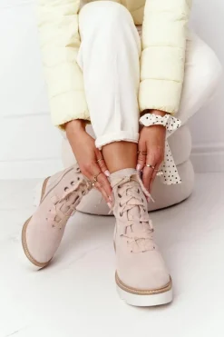 Zamszowe Ażurowe Botki Maciejka Beżowe 05033-04