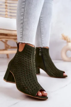 Zamszowe Ażurowe Botki Maciejka 05420-09 Zielone
