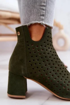 Zamszowe Ażurowe Botki Maciejka 05420-09 Zielone
