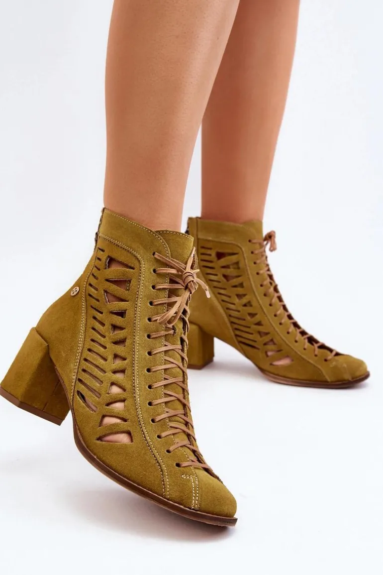 Zamszowe Ażurowe Botki Maciejka 05508-24 Oliwkowe