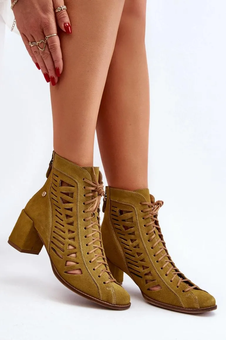 Zamszowe Ażurowe Botki Maciejka 05508-24 Oliwkowe