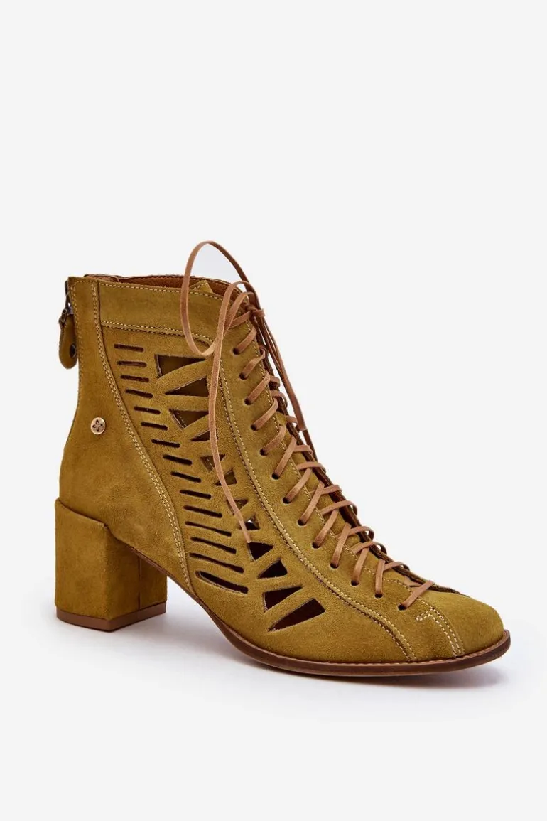 Zamszowe Ażurowe Botki Maciejka 05508-24 Oliwkowe