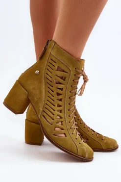 Zamszowe Ażurowe Botki Maciejka 05508-24 Oliwkowe