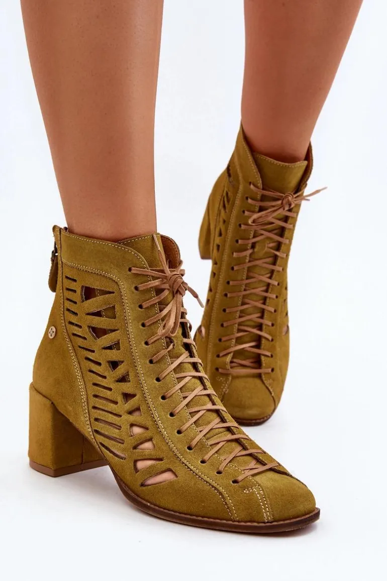 Zamszowe Ażurowe Botki Maciejka 05508-24 Oliwkowe