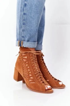 Zamszowe Ażurowe Botki Maciejka Rude 04040-29