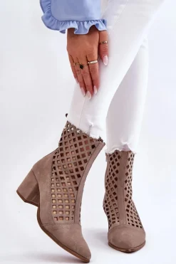 Zamszowe Ażurowe Botki Na Obcasie Nicole 2638 Cappuccino