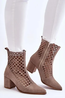 Zamszowe Ażurowe Botki Na Obcasie Nicole 2638 Cappuccino