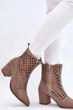 Zamszowe Ażurowe Botki Na Obcasie Nicole 2638 Cappuccino