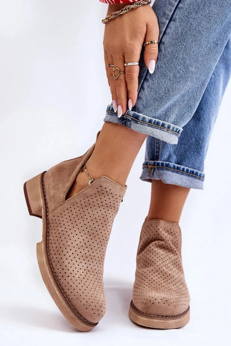 Zamszowe Ażurowe Botki Na Płaskim Obcasie Ciemnobeżowe Angie