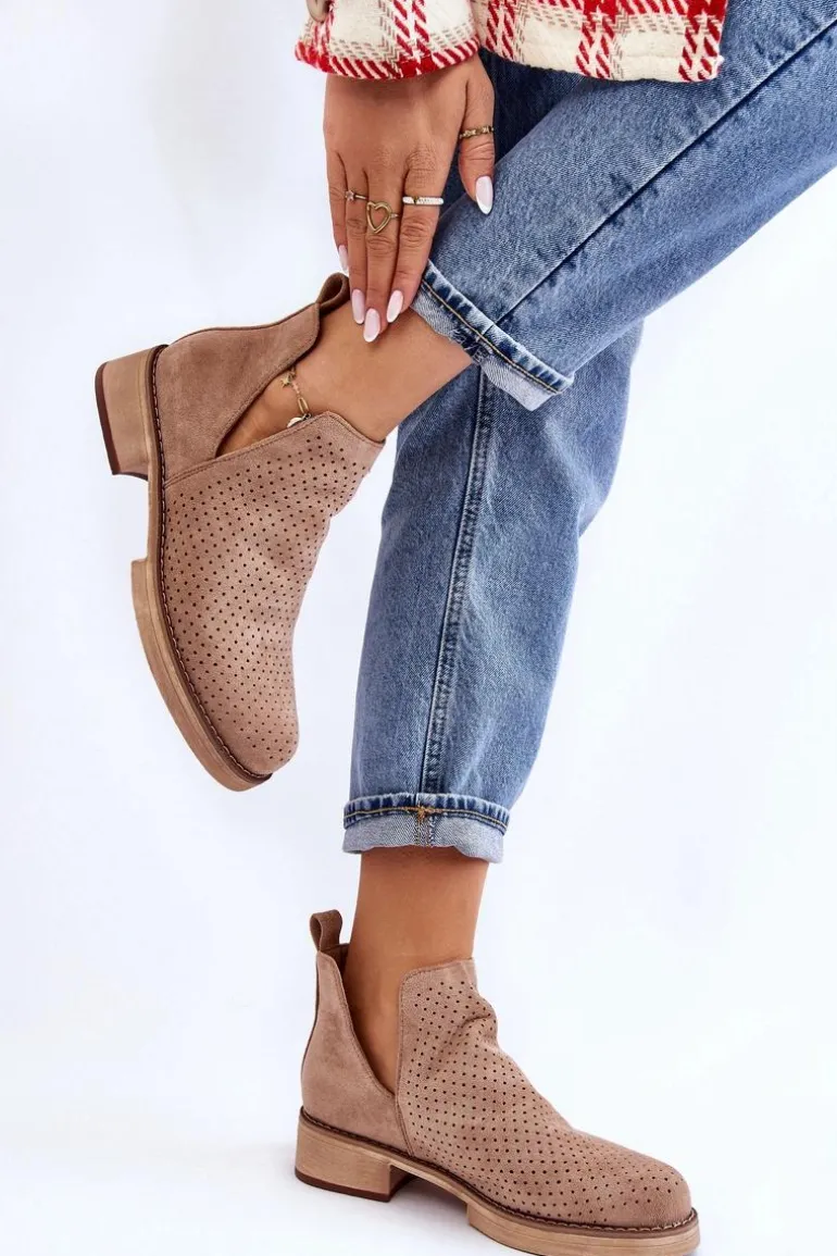 Zamszowe Ażurowe Botki Na Płaskim Obcasie Ciemnobeżowe Angie