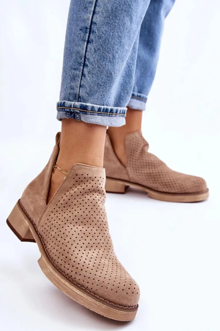 Zamszowe Ażurowe Botki Na Płaskim Obcasie Ciemnobeżowe Angie