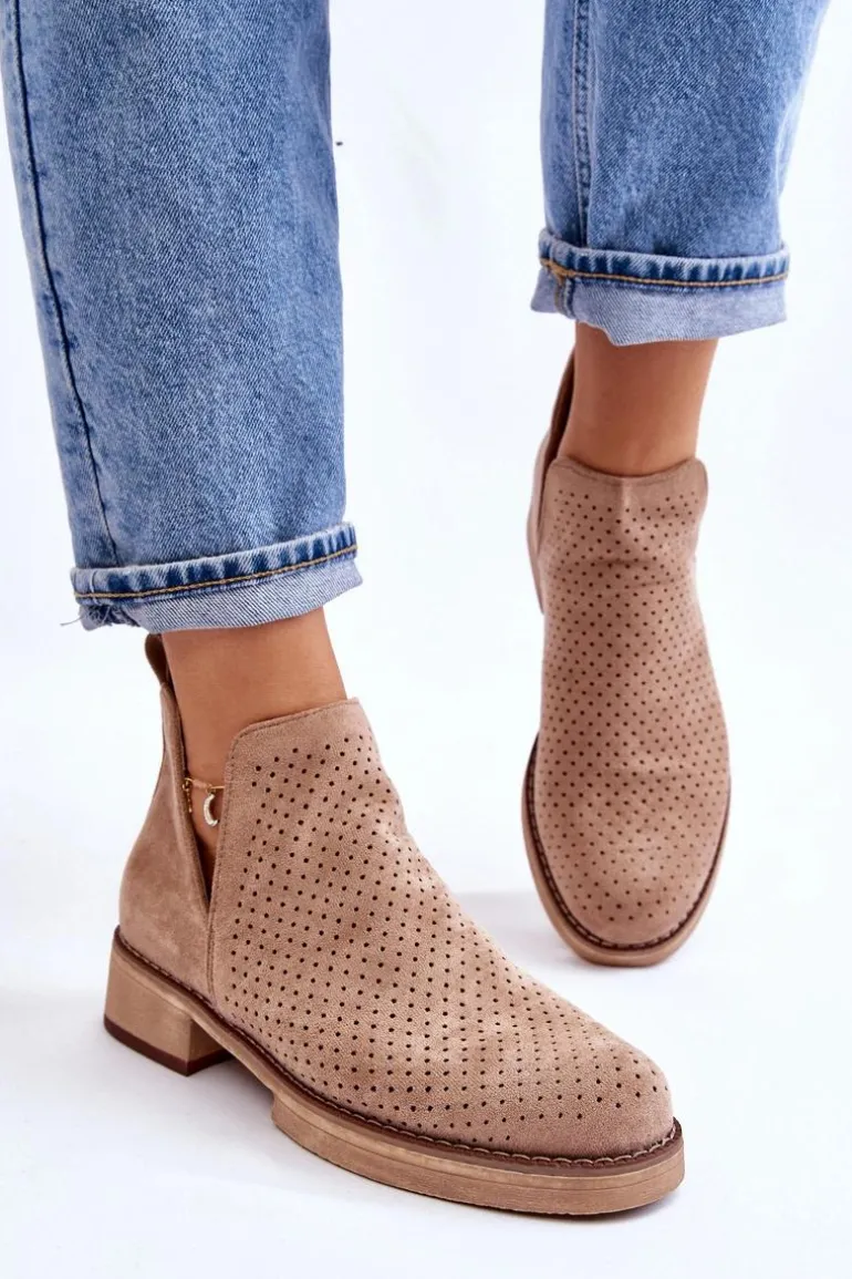 Zamszowe Ażurowe Botki Na Płaskim Obcasie Ciemnobeżowe Angie