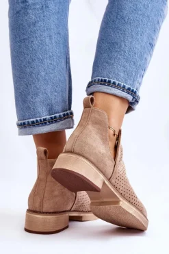 Zamszowe Ażurowe Botki Na Płaskim Obcasie Ciemnobeżowe Angie