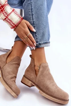 Zamszowe Ażurowe Botki Na Płaskim Obcasie Ciemnobeżowe Angie