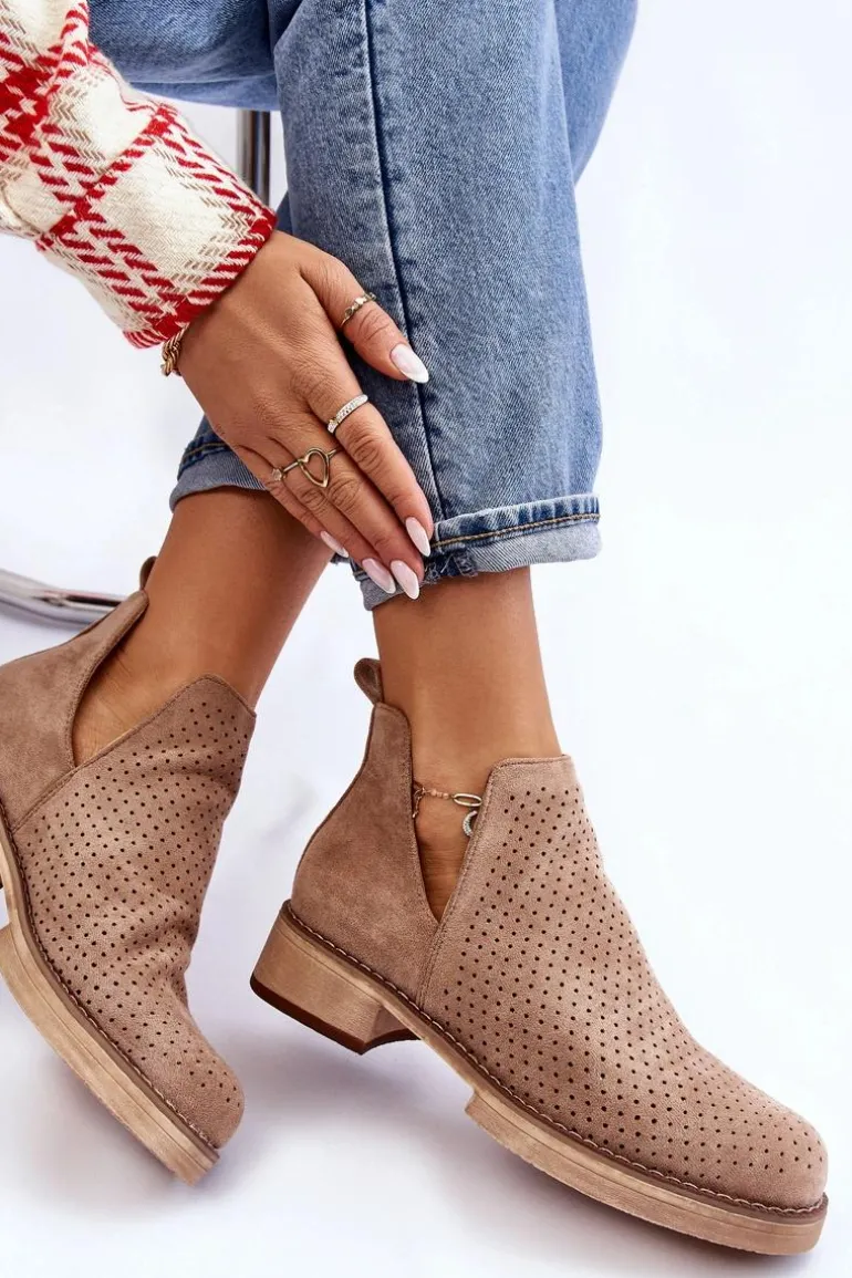 Zamszowe Ażurowe Botki Na Płaskim Obcasie Ciemnobeżowe Angie