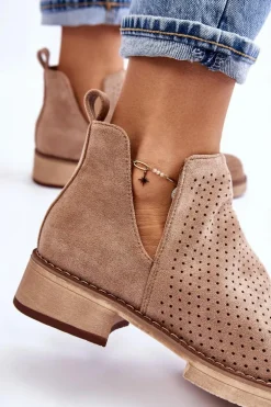 Zamszowe Ażurowe Botki Na Płaskim Obcasie Ciemnobeżowe Angie