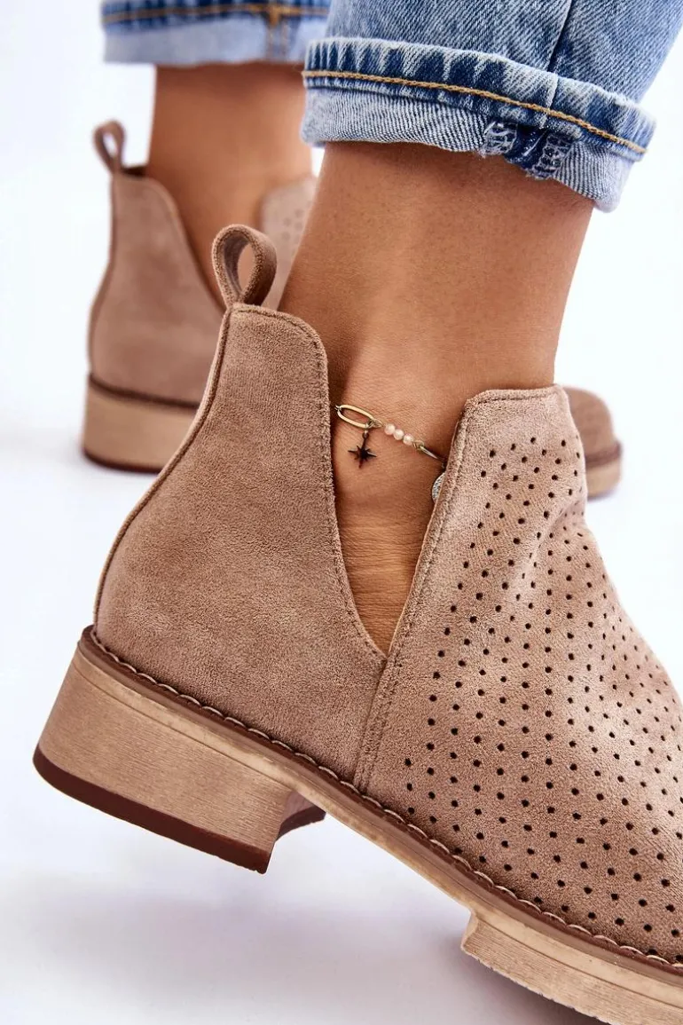 Zamszowe Ażurowe Botki Na Płaskim Obcasie Ciemnobeżowe Angie