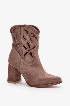 Zamszowe Ażurowe Botki Na Słupku Lewski 3629 Ciemnobeżowe