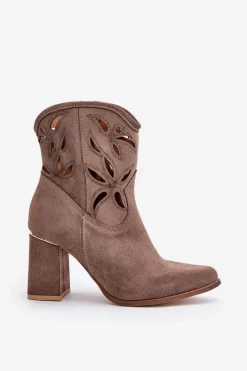 Zamszowe Ażurowe Botki Na Słupku Lewski 3629 Ciemnobeżowe