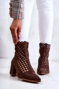 Zamszowe Ażurowe Botki Na Obcasie Nicole 2638 Ciemnobrązowe