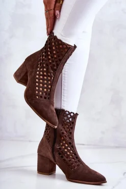 Zamszowe Ażurowe Botki Na Obcasie Nicole 2638 Ciemnobrązowe