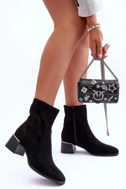 Zamszowe Ażurowe Botki Na Obcasie Czarne Perale