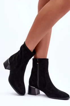 Zamszowe Ażurowe Botki Na Obcasie Czarne Perale