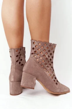 Zamszowe Ażurowe Botki Na Obcasie Nicole 2638 Brązowe