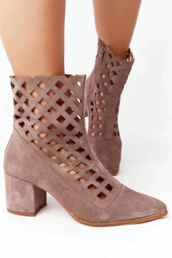 Zamszowe Ażurowe Botki Na Obcasie Nicole 2638 Brązowe