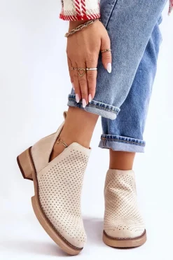 Zamszowe Ażurowe Botki Na Płaskim Obcasie Beżowe Angie