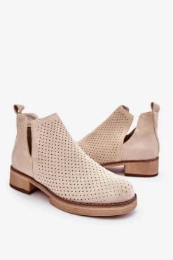 Zamszowe Ażurowe Botki Na Płaskim Obcasie Beżowe Angie