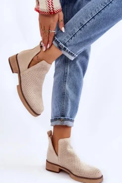 Zamszowe Ażurowe Botki Na Płaskim Obcasie Beżowe Angie