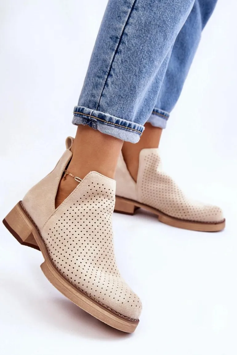 Zamszowe Ażurowe Botki Na Płaskim Obcasie Beżowe Angie