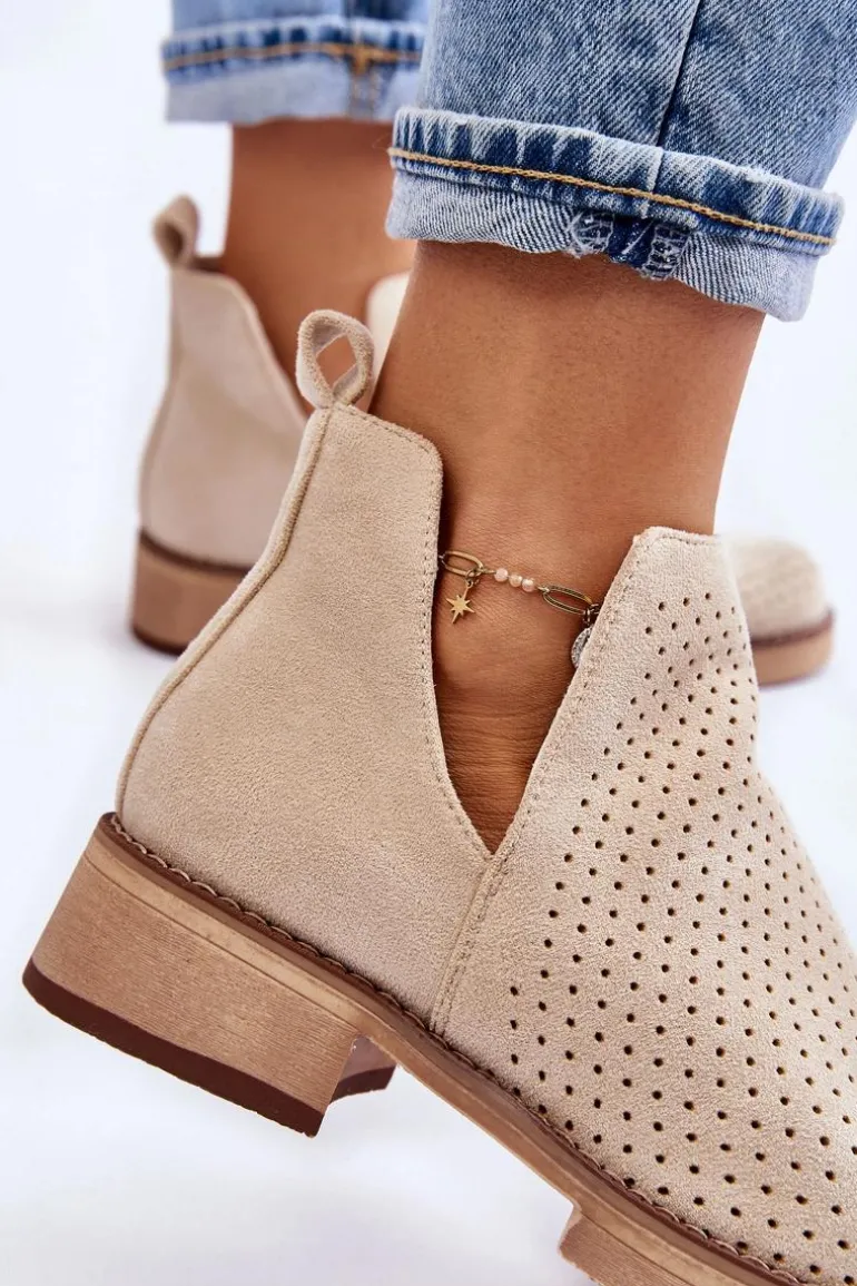 Zamszowe Ażurowe Botki Na Płaskim Obcasie Beżowe Angie