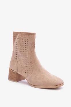 Zamszowe Ażurowe Botki Na Obcasie Beżowe Perale