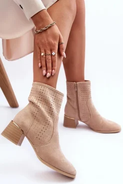 Zamszowe Ażurowe Botki Na Obcasie Beżowe Perale