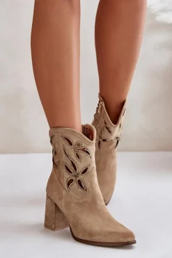 Zamszowe Ażurowe Botki Na Słupku Lewski 3629 Beżowe